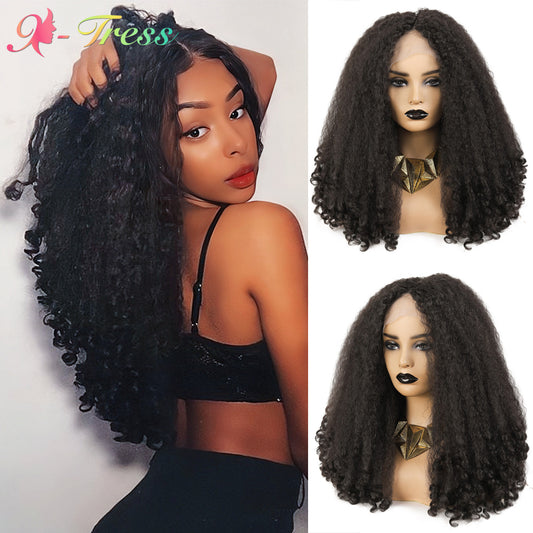 X-TRESS Afro Curly V Part Wig with Bouncy Curls Synthetic Kinky Straight Glueless Hair for Women No Leave out Clip in Half Wig