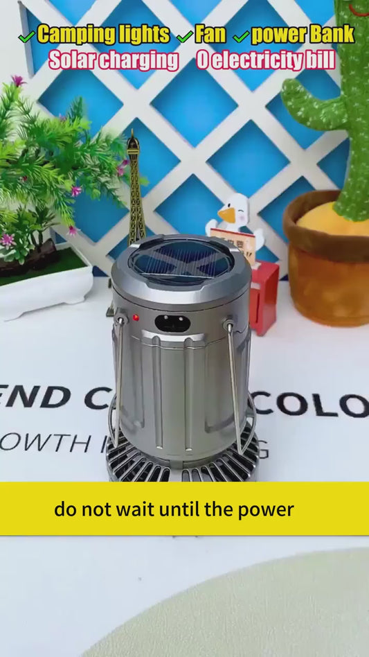 Portable Solar Camping Lantern with Fan Stretchable Electric Fan Emergency Light Outdoor Lighting Rechargeable LED Tent Light